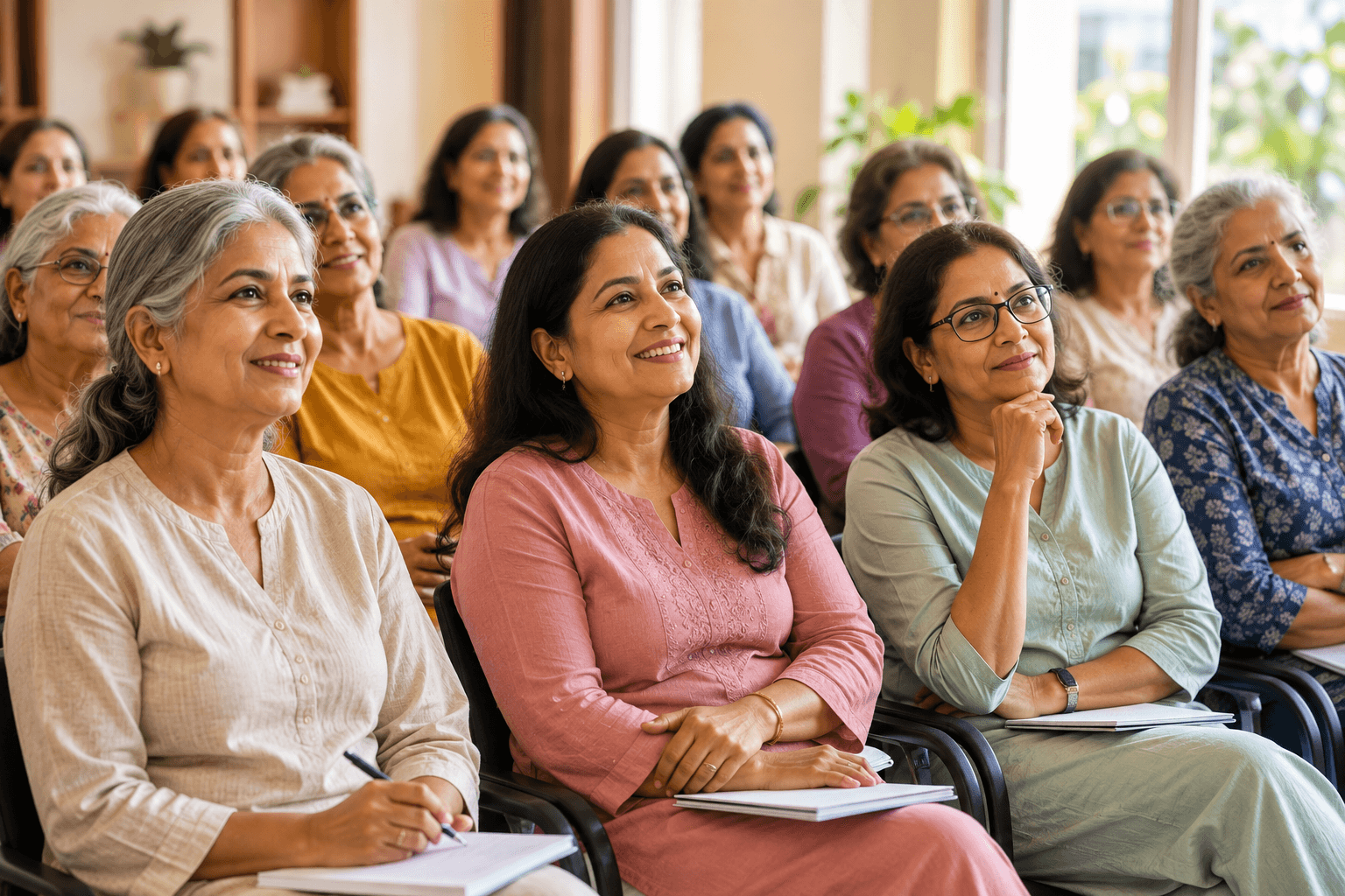 Group of smiling older adults in a support circle